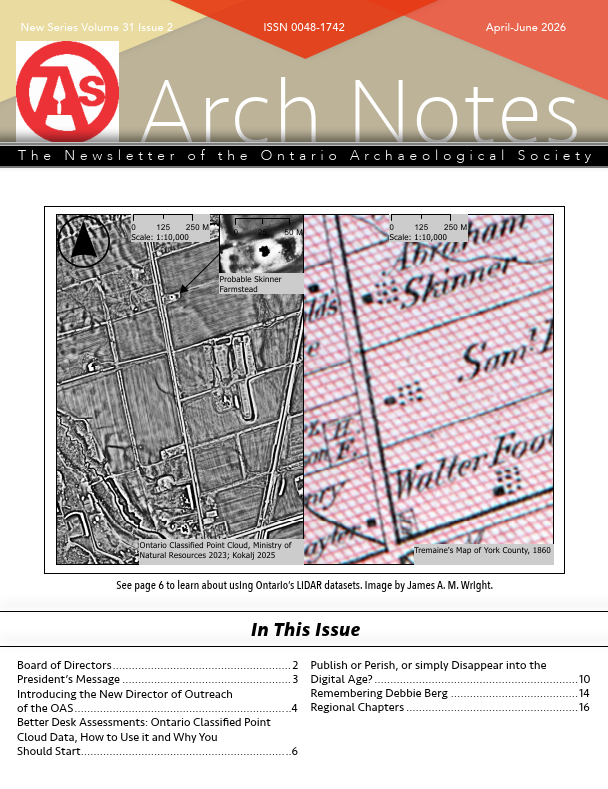 Cover of Arch Notes 31-2 showing a historical map alongside lidar.
