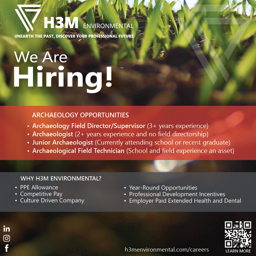 Job posting for H3M environmental in British Columbia. Multiple positions including field director, Archaeologist, Junior Archaeologist, and Field technicians.